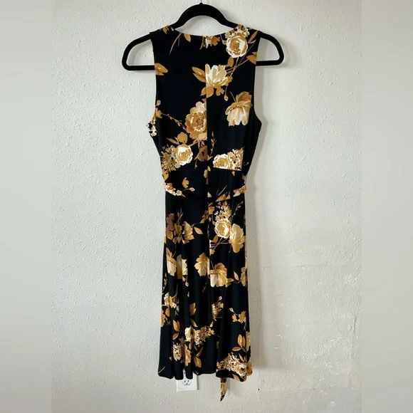 NWT Anne Klein black/mustard yellow floral tie waist sleeveless midi dress sz 6 - Picture 7 of 10